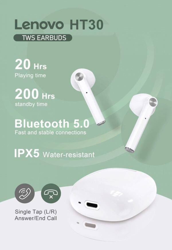Auricolari bluetooth 5.0 HT 30 LENOVO - bianco / nero - Image 3